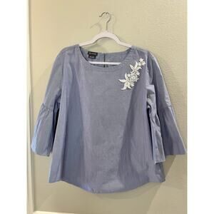Van Heusen Women's Blue White Stripe Bell Sleeve Embroidered Size XL Top